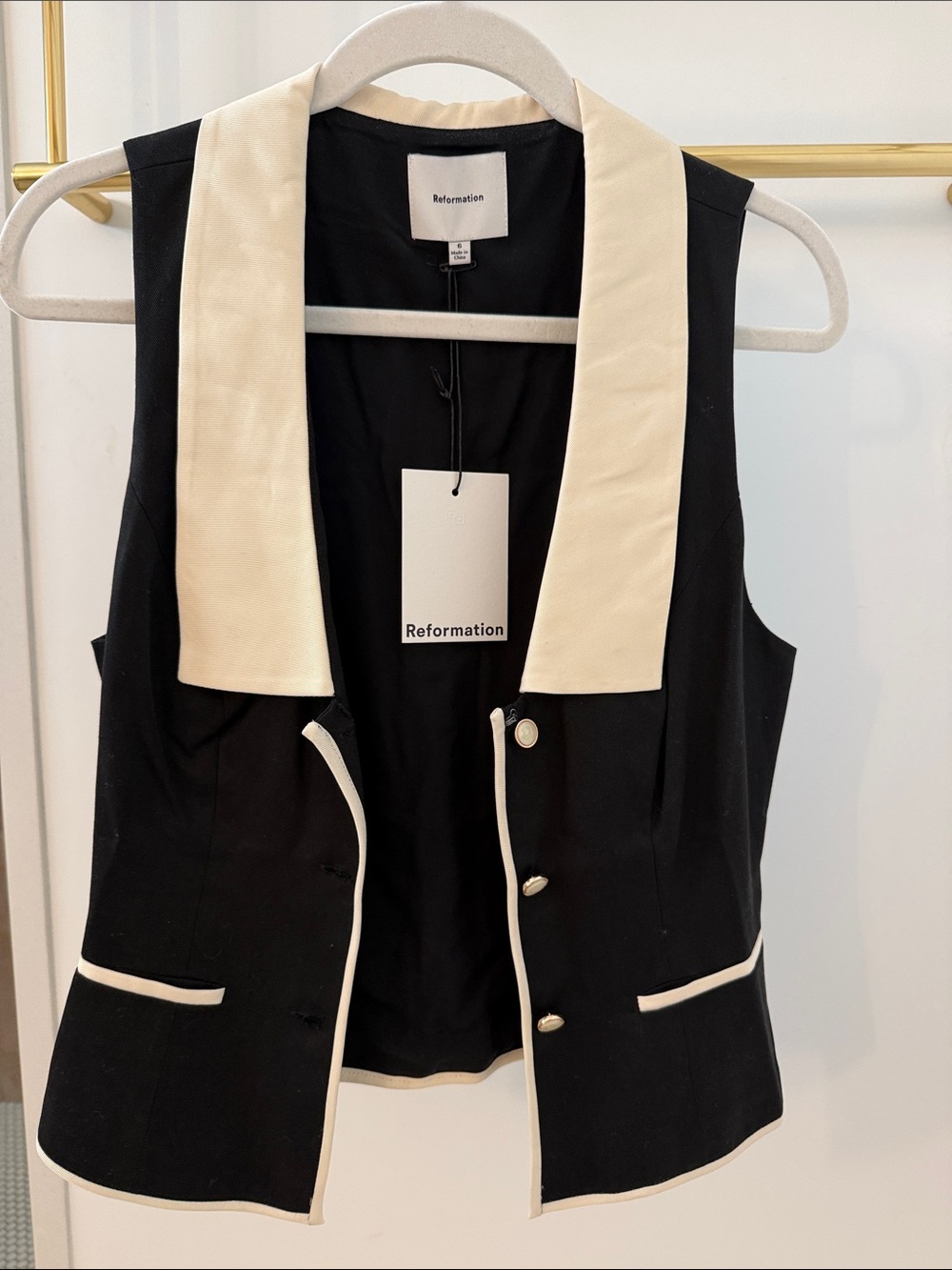 Reformation Black Vest with Cream Contrast Lapel
